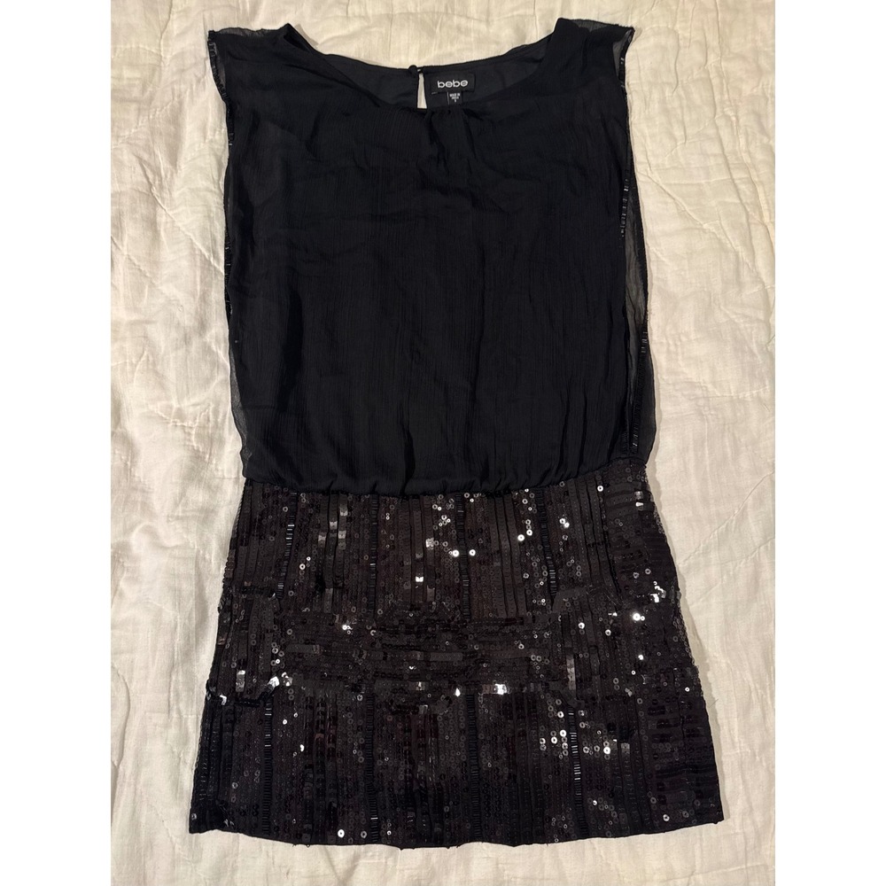 bebe Black Sequin Chiffon Beaded Side Mini Dress Size S Silk Blend LBD
